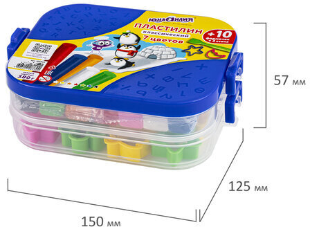 Пластилин в боксе ЮНЛАНДИЯ, 7 цветов, 380 г, 3 стека, 10 формочек, 105864