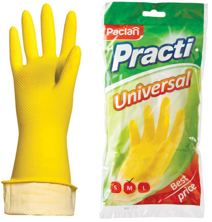 Перчатки хозяйственные латексные, х/б напыление, разм M (средний), желтые, PACLAN "Practi Universal"