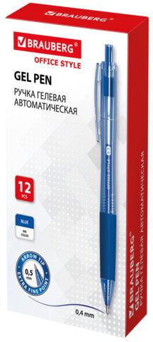 Ручка гелевая автоматическая с грипом BRAUBERG OFFICE STYLE, СИНЯЯ, линия 0,4 мм, 144122