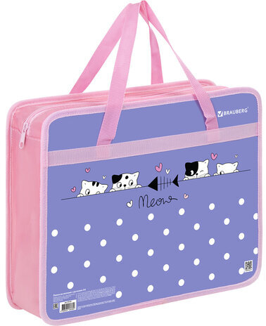 Папка на молнии с ручками BRAUBERG А4, 1 отделение, пластик, 80 мм, "Meow", 272163