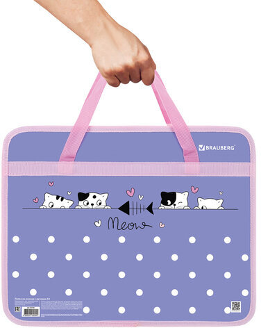 Папка на молнии с ручками BRAUBERG А4, 1 отделение, пластик, 80 мм, "Meow", 272163