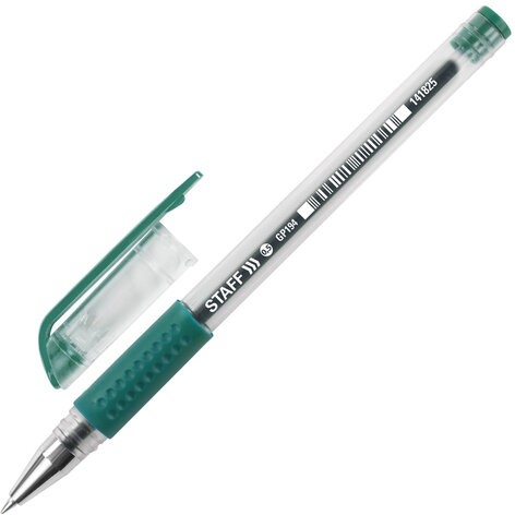 Ручка гелевая с грипом STAFF "EVERYDAY" GP-194, ЗЕЛЕНАЯ, корпус прозрачный, узел 0,5 мм, линия письма 0,35 мм, 141825