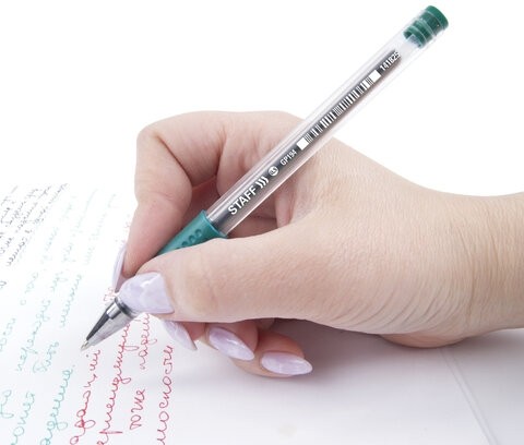 Ручка гелевая с грипом STAFF "EVERYDAY" GP-194, ЗЕЛЕНАЯ, корпус прозрачный, узел 0,5 мм, линия письма 0,35 мм, 141825