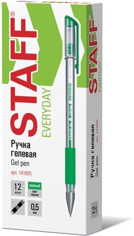 Ручка гелевая с грипом STAFF "EVERYDAY" GP-194, ЗЕЛЕНАЯ, корпус прозрачный, узел 0,5 мм, линия письма 0,35 мм, 141825