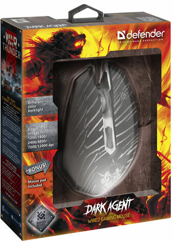 Мышь проводная игровая DEFENDER Dark Agent GM-590L, 12800 DPI, USB, 6 кнопок, оптическая, + коврик, черная, 52590