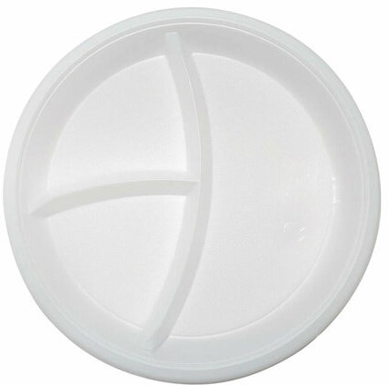 Одноразовые тарелки 3-х секционные КОМПЛЕКТ 100 шт. 210 мм, белые, ПС, холодное/горячее, LAIMA БЮДЖЕТ, 608771