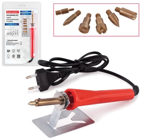 Набор для выжигания и пайки BRAUBERG, 7 насадок, красный, в блистере, 150620
