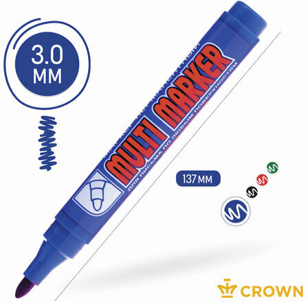 Маркер перманентный CROWN "Multi Marker", СИНИЙ, круглый наконечник, 3 мм, CPM-800