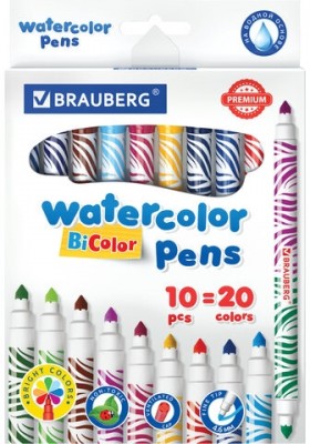 Фломастеры двусторонние утолщенные BRAUBERG "PREMIUM" "BI-COLOR", 10 шт., 20 цветов, двухцветные, вентилируемый колпачок, 151945