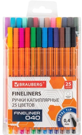 Ручки капиллярные (линеры) 25 ЦВЕТОВ, BRAUBERG "FINE 040", шестигранные, линия 0,4 мм, 144145