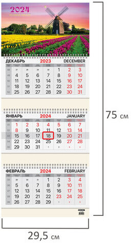 Календарь квартальный на 2024 г., 3 блока, 3 гребня, с бегунком, мелованная бумага, BRAUBERG, "Tulips", 115295
