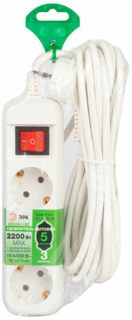 Удлинитель ЭРА UDL-10 Greenline, 3 розетки, с заземлением, с выключателем, 10 А, 5 м, белый, UDL-10-350-ES