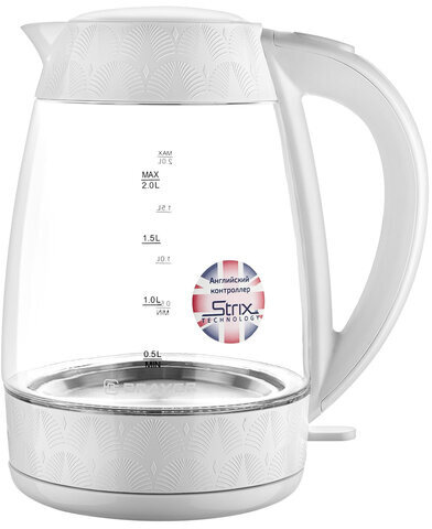 Чайник BRAYER BR1024, 2 л, 2200 Вт, закрытый нагревательный элемент, стекло, белый