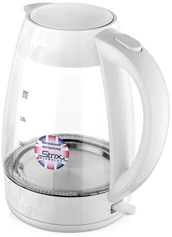 Чайник BRAYER BR1024, 2 л, 2200 Вт, закрытый нагревательный элемент, стекло, белый