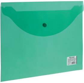 Папка-конверт с кнопкой BRAUBERG, А4, до 100 листов, прозрачная, зеленая, 0,15 мм, 221635