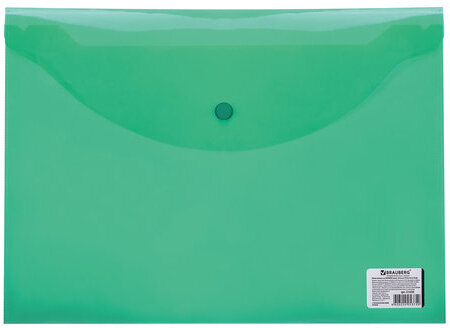 Папка-конверт с кнопкой BRAUBERG, А4, до 100 листов, прозрачная, зеленая, 0,15 мм, 221635