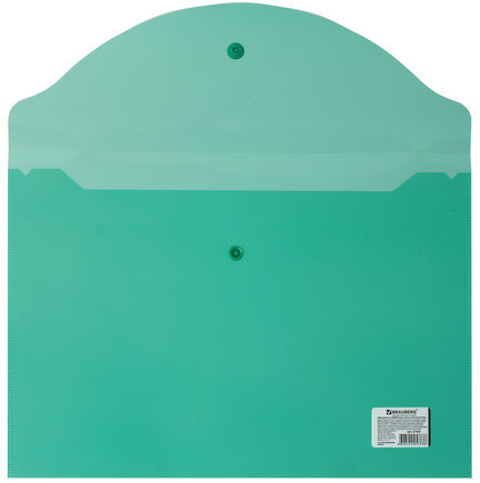 Папка-конверт с кнопкой BRAUBERG, А4, до 100 листов, прозрачная, зеленая, 0,15 мм, 221635