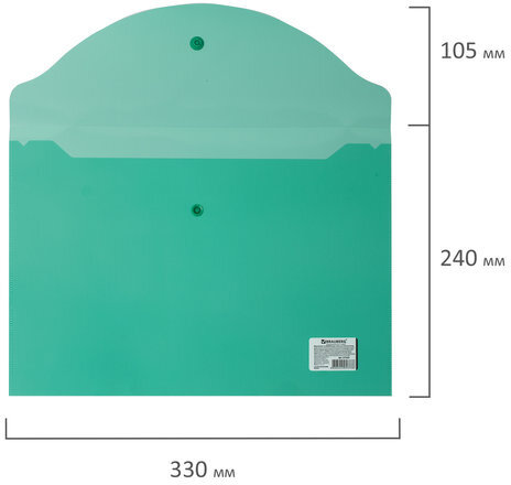 Папка-конверт с кнопкой BRAUBERG, А4, до 100 листов, прозрачная, зеленая, 0,15 мм, 221635