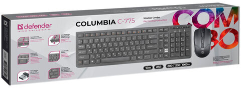 Набор беспроводной DEFENDER Columbia C-775RU, USB, клавиатура, мышь 2 кнопки + 1 колесо-кнопка, черный, 45775