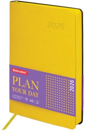 Ежедневник датированный 2026 А5 138x213 мм, BRAUBERG "Stylish", под кожу, гибкий, желтый, 117101
