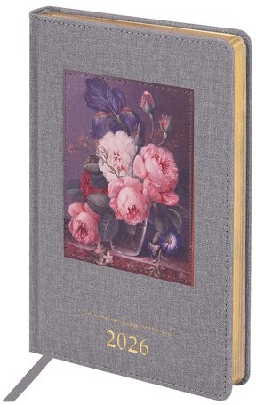 Ежедневник датированный 2026 А5 138х213 мм, BRAUBERG "ArtGallery", под кожу, нашивка, серый, 117406