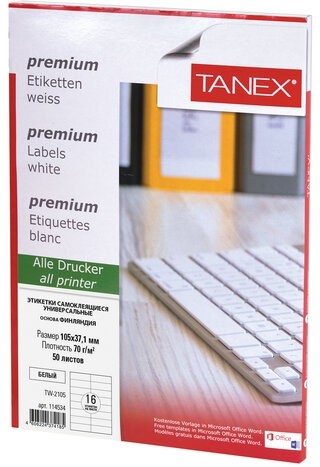 Этикетка самоклеящаяся 105х37,1 мм, 16 этикеток, белая 70 г/м2, 50 листов, TANEX, сырье Финляндия, 114534, TW-2105
