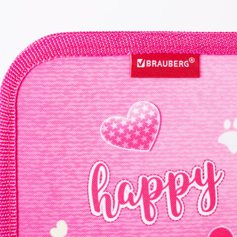 Пенал BRAUBERG, 1 отделение, 1 откидная планка, полиэстер, 21х14 см, "Happy kitten", 270308