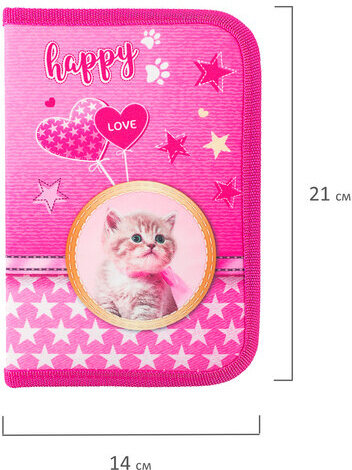 Пенал BRAUBERG, 1 отделение, 1 откидная планка, полиэстер, 21х14 см, "Happy kitten", 270308