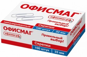 Скрепки ОФИСМАГ, 33 мм, никелированные, 100 шт., в картонной коробке, 225153