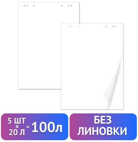 Блокноты для флипчарта BRAUBERG, комплект 5 штук, 20 листов, чистые, 67,5х98 см, 80 г/м2, 124098