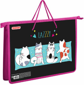 Папка на молнии с ручками ПИФАГОР, А4, 1 отделение, пластик, ручки-шнурок, &quot;Lazy cat&quot;, 270863