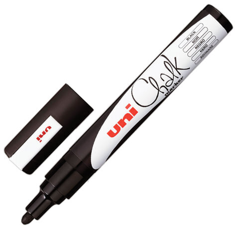 Маркер меловой UNI "Chalk", 1,8-2,5 мм, ЧЕРНЫЙ, влагостираемый, для гладких поверхностей, PWE-5M BLACK