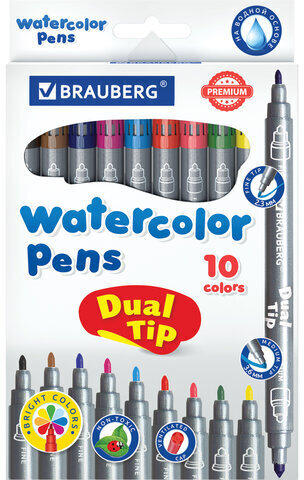 Фломастеры двусторонние BRAUBERG "PREMIUM" "DUAL-TIP", 10 шт., 10 цветов, два наконечника, картонная коробка с европодвесом, 151946