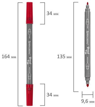Фломастеры двусторонние BRAUBERG "PREMIUM" "DUAL-TIP", 10 шт., 10 цветов, два наконечника, картонная коробка с европодвесом, 151946