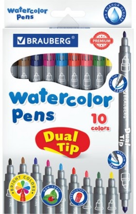 Фломастеры двусторонние BRAUBERG "PREMIUM" "DUAL-TIP", 10 шт., 10 цветов, два наконечника, картонная коробка с европодвесом, 151946