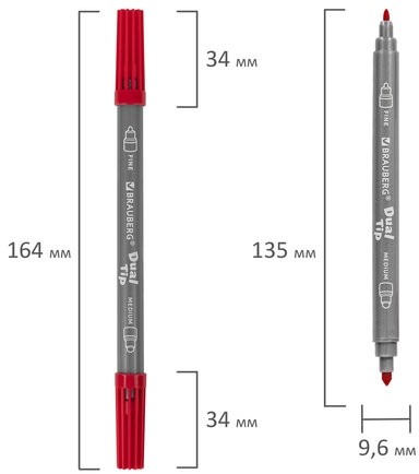 Фломастеры двусторонние BRAUBERG "PREMIUM" "DUAL-TIP", 10 шт., 10 цветов, два наконечника, картонная коробка с европодвесом, 151946