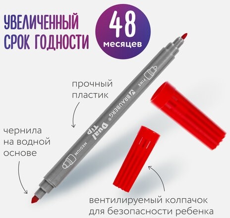 Фломастеры двусторонние BRAUBERG "PREMIUM" "DUAL-TIP", 10 шт., 10 цветов, два наконечника, картонная коробка с европодвесом, 151946