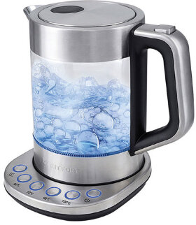 Чайник KITFORT КТ-616, 1,5 л, 2200 Вт, закрытый нагревательный элемент, ТЕРМОРЕГУЛЯТОР, стекло, серебристый, KT-616