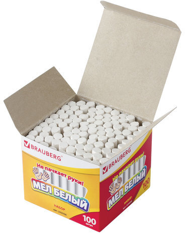 Мел белый BRAUBERG, АНТИПЫЛЬ, набор 100 штук, круглый, 223550