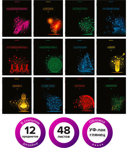 Тетради предметные, КОМПЛЕКТ 12 ПРЕДМЕТОВ, "DARK", 48 листов, глянцевый УФ-лак, BRAUBERG, 404028