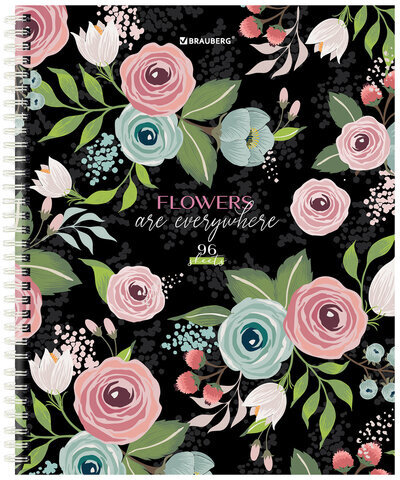 Тетрадь А5 96 л. BRAUBERG, гребень, клетка, твёрдая обложка, "Flowers" (микс в спайке), 404444