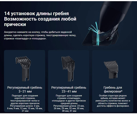 Машинка для стрижки волос XIAOMI Hair Clipper, 14 установок длины, 3 насадки, аккумулятор и сеть, черная, BHR5891GL