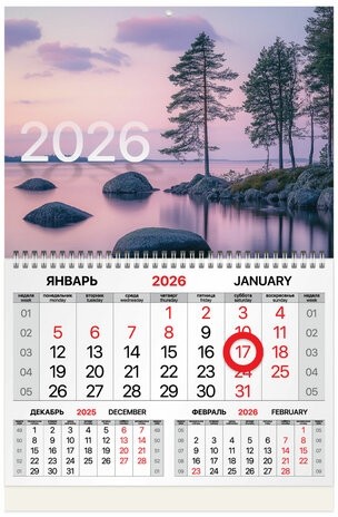 Календарь квартальный 2026г, 1 блок 1 гребень, магнитный курсор, мелованная бумага, BRAUBERG, Озеро, 116916