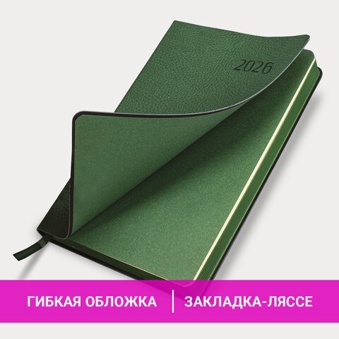 Ежедневник датированный 2026 А5 138x213 мм, BRAUBERG "Stylish", под кожу, гибкий, зеленый, 117102
