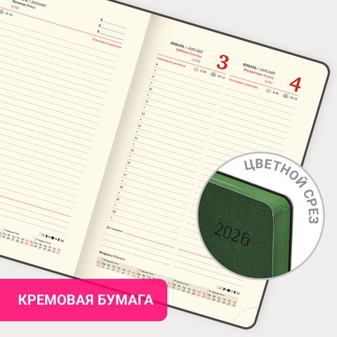 Ежедневник датированный 2026 А5 138x213 мм, BRAUBERG "Stylish", под кожу, гибкий, зеленый, 117102