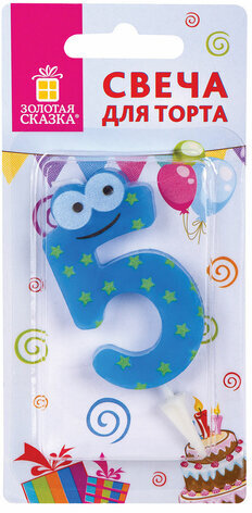 Свеча-цифра для торта "5" "С глазками", 6 см, ЗОЛОТАЯ СКАЗКА, с держателем, в блистере, 591408