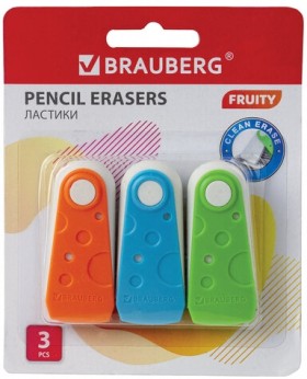 Набор ластиков BRAUBERG "FRUITY" 3 шт., 57х24х15 мм, белые, пластиковый футляр ассорти, 229563