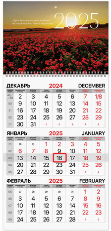 Календарь квартальный 2025г, 1 блок 1 гребень бегунок, мелованная бумага, BRAUBERG, Цветочное поле, 116129