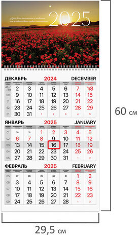Календарь квартальный 2025г, 1 блок 1 гребень бегунок, мелованная бумага, BRAUBERG, Цветочное поле, 116129