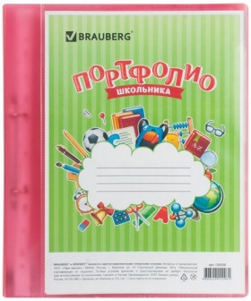 Папка для портфолио школьника, 2 кольца, 20 файлов, пластик полупрозрачный, красная, BRAUBERG, 126558